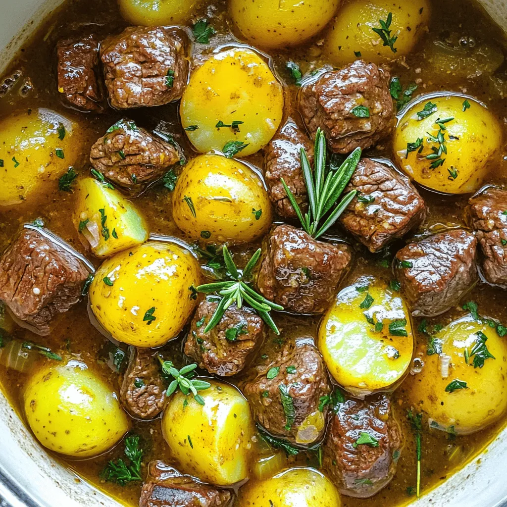 - 1.5 lbs beef sirloin, cut into bite-sized pieces - 1 lb baby potatoes, halved - ½ cup unsalted butter (1 stick) - 6 cloves garlic, minced - 1 onion, chopped - 2 teaspoons fresh rosemary or 1 teaspoon dried - 2 teaspoons fresh thyme or 1 teaspoon dried - 1 tablespoon soy sauce - Salt and pepper to taste - Fresh parsley, chopped for garnish