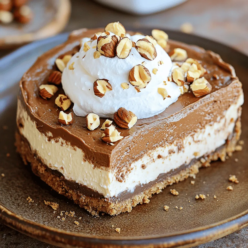- 1 ½ cups graham cracker crumbs - ½ cup unsalted butter, melted - 1 cup toasted hazelnuts, chopped - 16 oz cream cheese, softened - 1 cup granulated sugar - 2 large eggs - ½ cup sour cream - 2 tablespoons instant coffee granules - 1 teaspoon vanilla extract - ¼ cup cocoa powder - ½ cup heavy cream - Optional toppings: whipped cream and hazelnuts