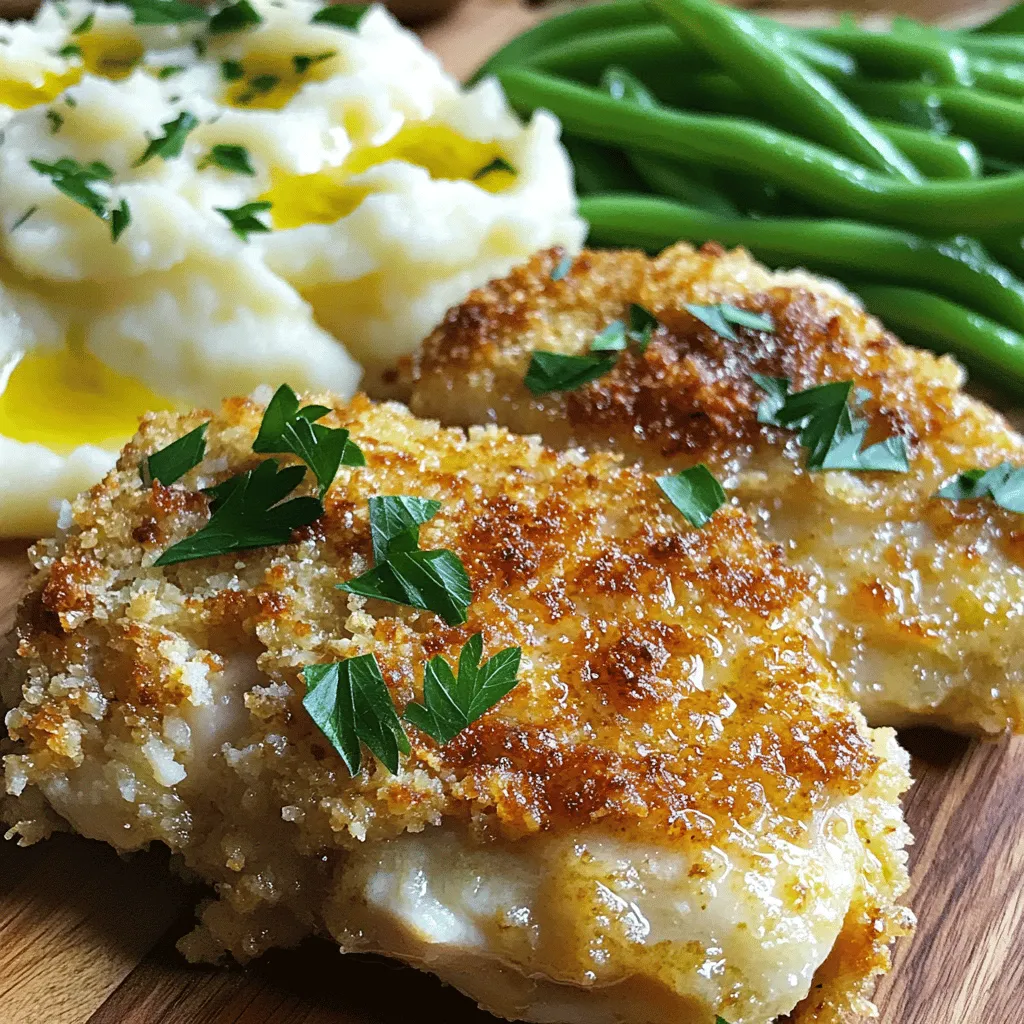 - 2 boneless, skinless chicken breasts - 1 cup grated Parmesan cheese - 1 cup breadcrumbs (Italian seasoned preferred)