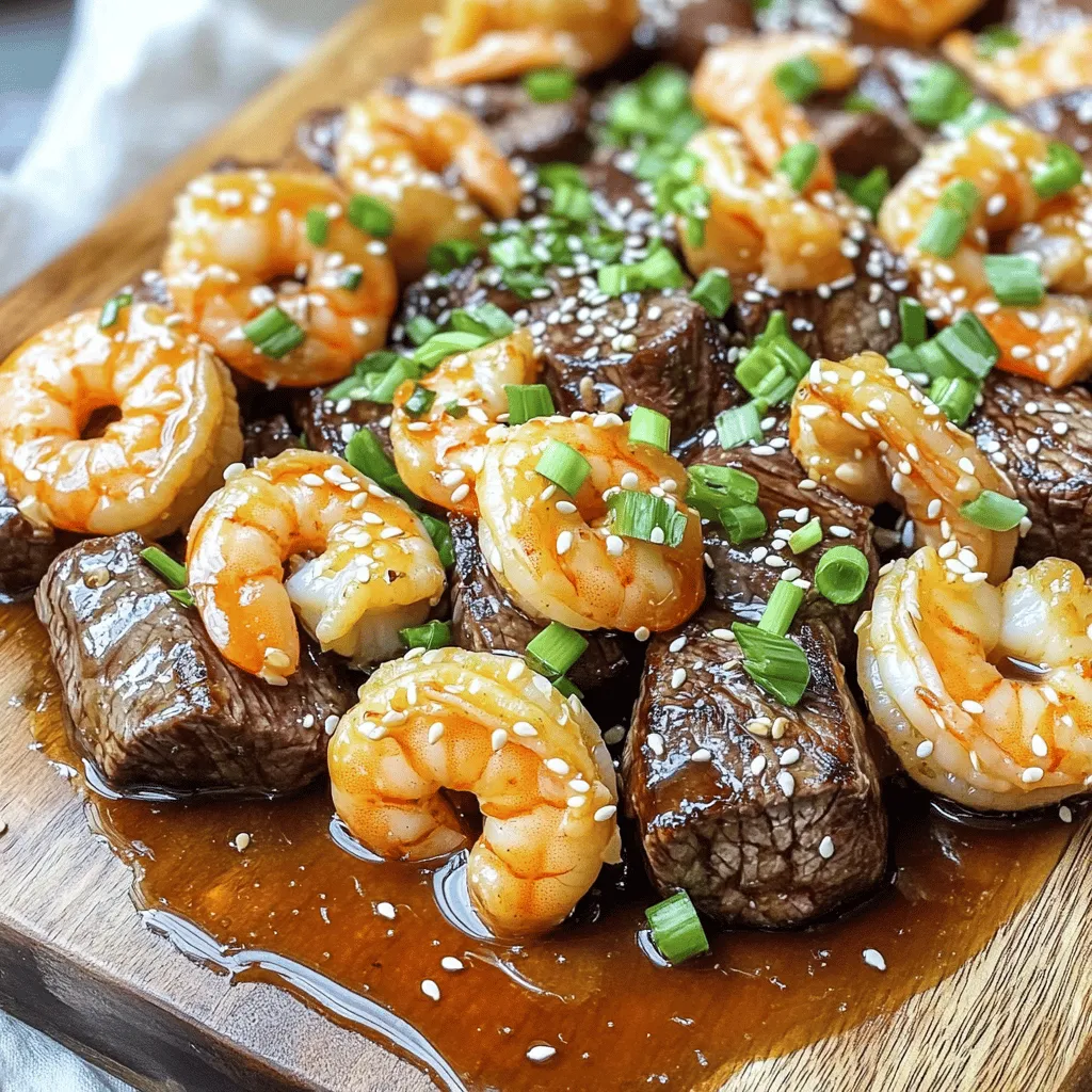 To make savory steak bites and shrimp, gather the right ingredients. You need 1 pound of sirloin steak cut into bite-sized pieces. For the shrimp, use 1 pound of large shrimp that are peeled and deveined.