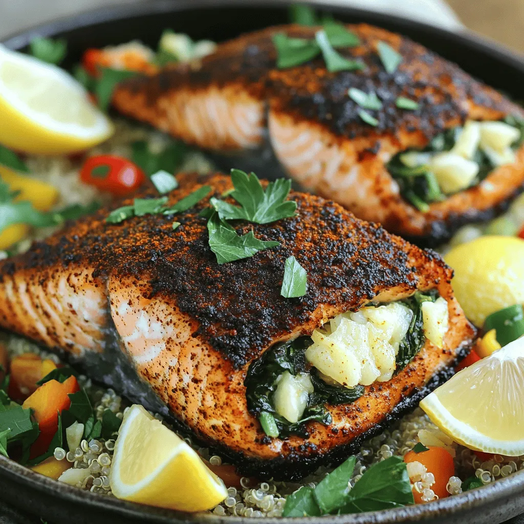 To make a great blackened salmon dish, you need fresh and simple ingredients. First, you will need four salmon fillets. Each fillet should weigh about six ounces. This size is perfect for stuffing and cooking evenly.