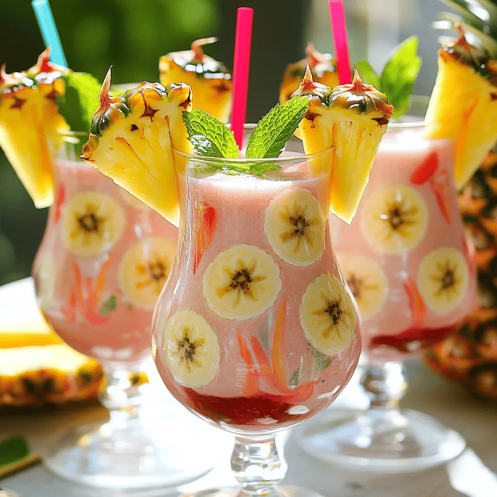 To make a Pink Flamingo Colada, you need fresh, fun ingredients. The main fruits are pineapple and banana. Pineapple gives it a sweet, tangy taste. The banana adds creaminess. Together, they create a smooth texture.