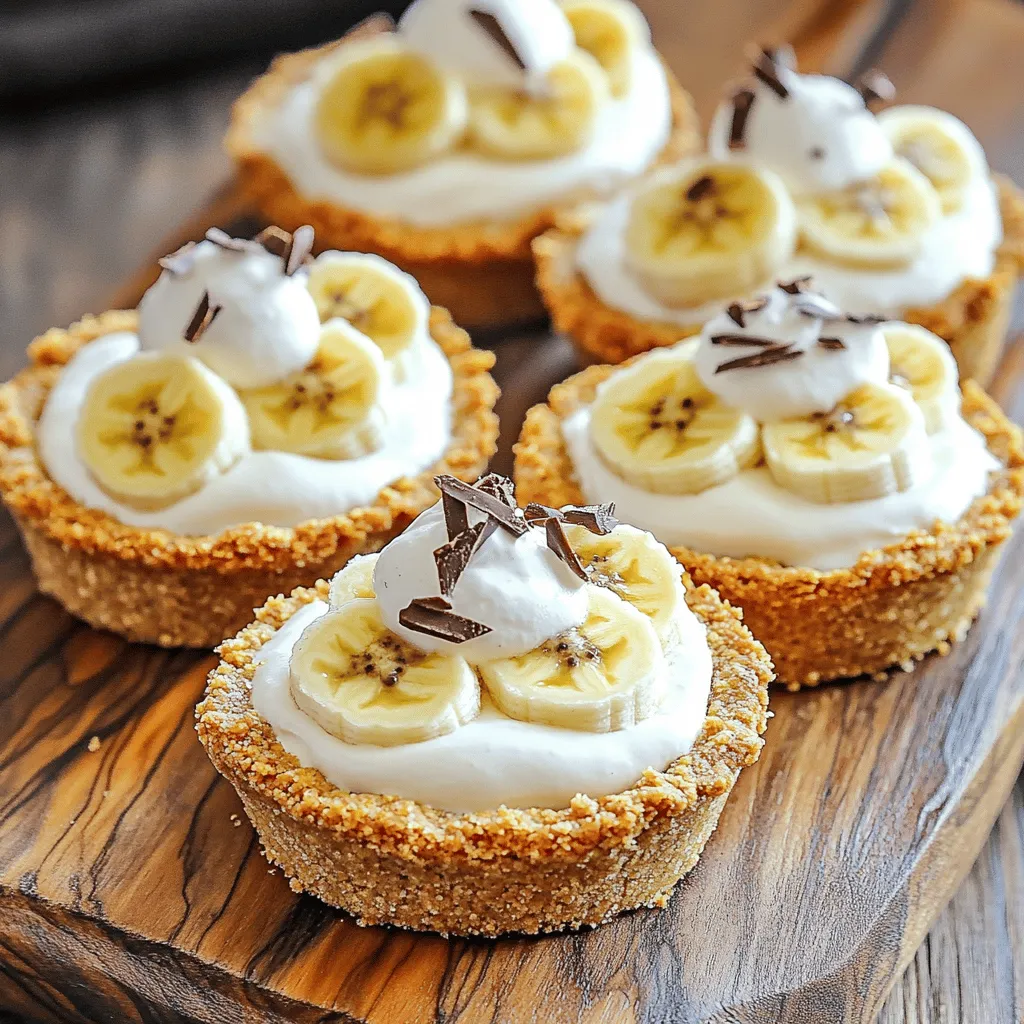 To make No-Bake Mini Banana Cream Pies, gather these simple ingredients: - 1 cup graham cracker crumbs - 4 tablespoons unsalted butter, melted - 2 ripe bananas, sliced - 1 cup cold milk - 1 package (3.4 oz) instant vanilla pudding mix - 1 cup whipped topping (or homemade whipped cream) - 1 teaspoon vanilla extract - Additional banana slices and whipped topping for garnish - Chocolate shavings or caramel sauce (optional)