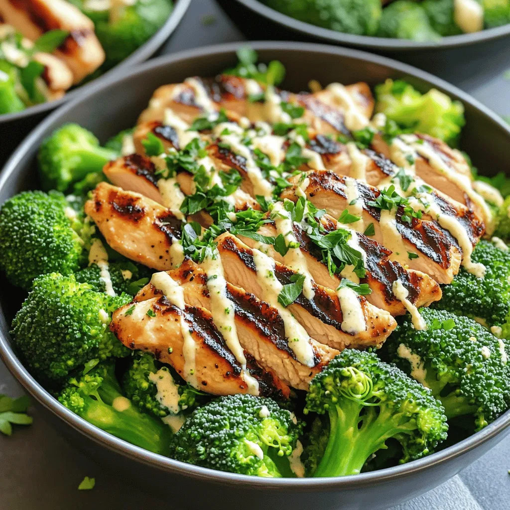 Grilled Chicken &#038; Broccoli Bowls with Creamy Garlic Sauce