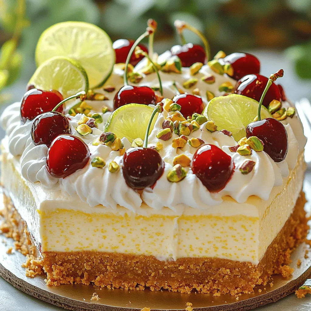 - 1 ½ cups graham cracker crumbs - ½ cup unsalted butter, melted - ¼ cup sugar - 2 (8 oz) packages cream cheese, softened - 1 cup powdered sugar - ½ cup sour cream - 1 tablespoon lemon zest - 1 tablespoon lime zest - 3 tablespoons fresh lemon juice - 3 tablespoons fresh lime juice - 1 teaspoon vanilla extract - 1 cup cherries, pitted and halved - ½ cup pistachios, finely chopped