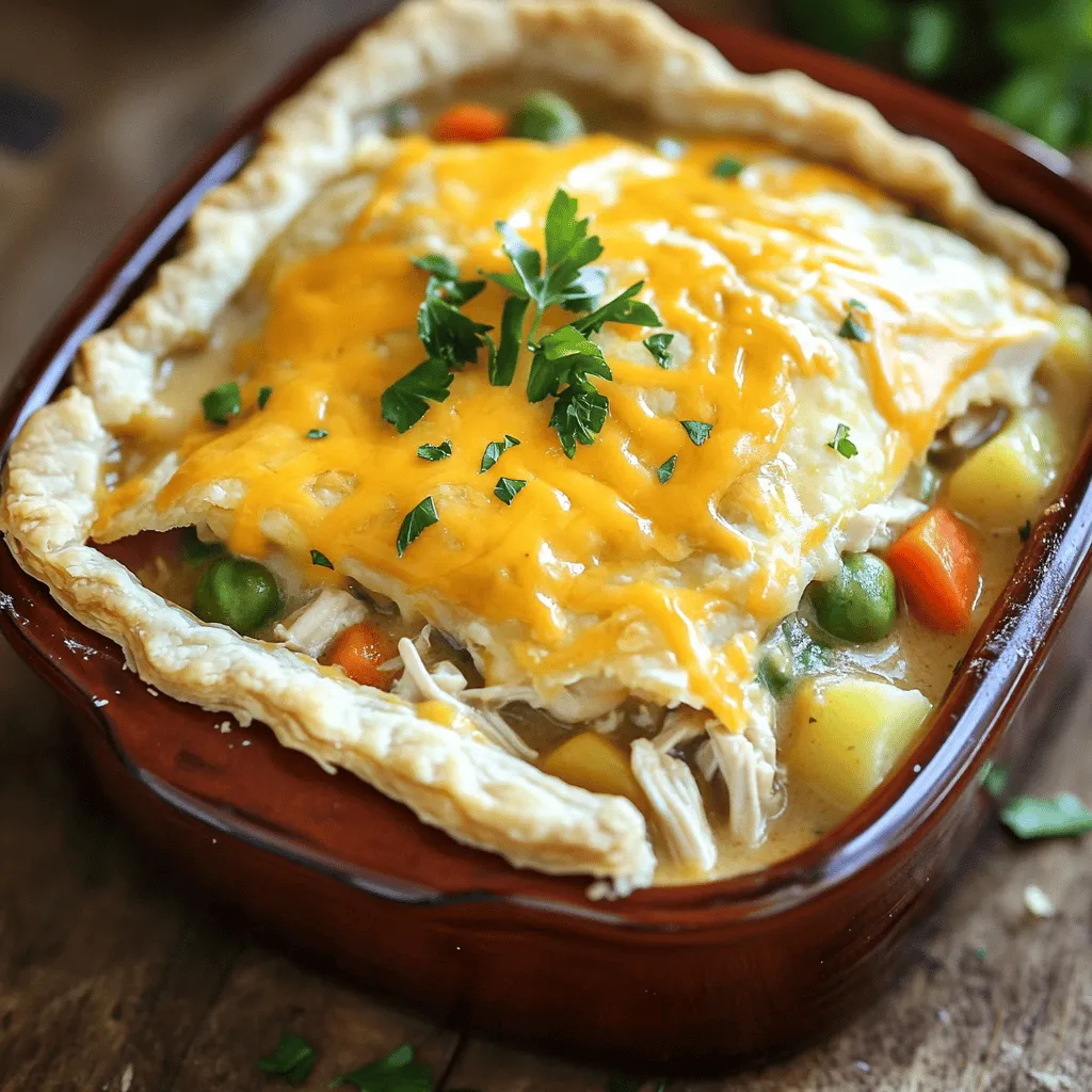 - 2 cups cooked chicken, shredded - 1 cup frozen mixed vegetables (peas, carrots, corn) - 1 cup diced potatoes (pre-cooked or frozen) - 1 can (10.5 oz) cream of chicken soup - 1 cup chicken broth - 1 tablespoon olive oil - 1 teaspoon garlic powder - 1 teaspoon onion powder - ½ teaspoon dried thyme - ½ teaspoon salt - ¼ teaspoon black pepper - 1 cup shredded cheddar cheese - 1 package refrigerated pie crusts (usually contains 2 crusts)