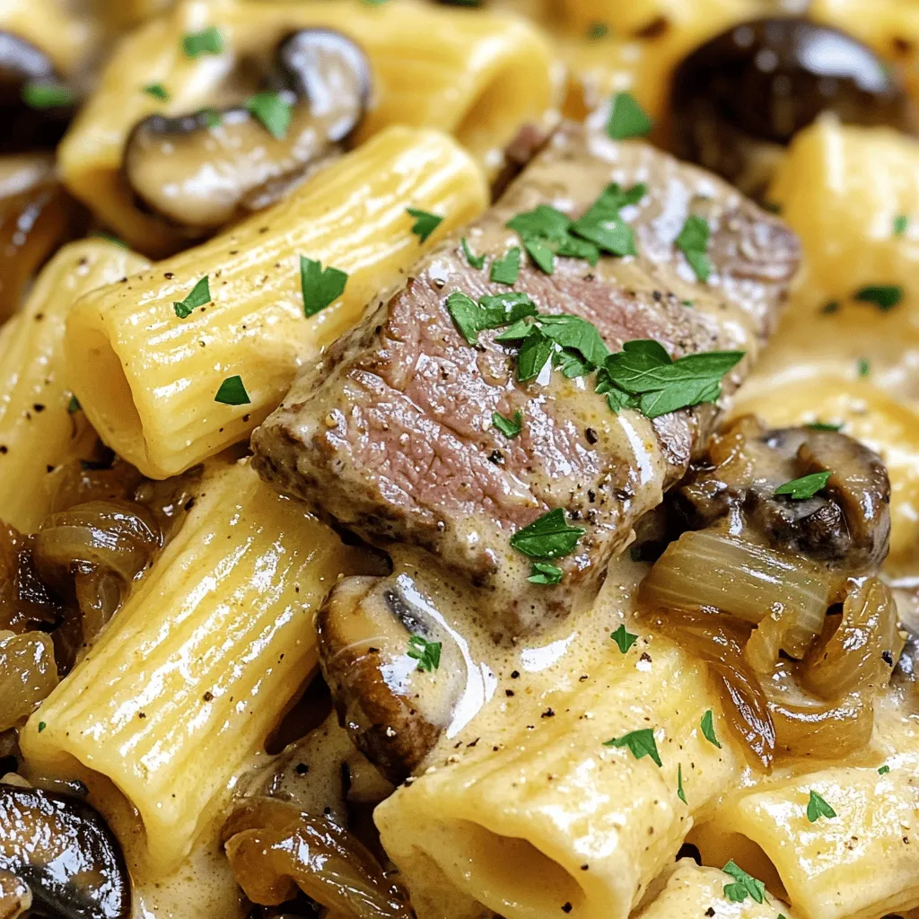 The creamy steak and mushroom rigatoni recipe uses a few key ingredients. First, you need rigatoni pasta. This shape holds sauce well. It is perfect for our creamy dish.