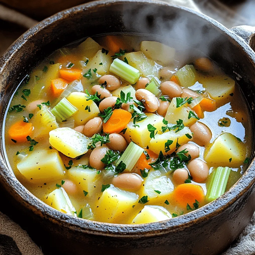 For a delicious potato and bean soup, you need some key ingredients. First, use 3 medium potatoes. I prefer Yukon Gold or Russet. These potatoes give a nice creamy texture. Next, add a can of cannellini beans. They are soft and blend well with the soup.