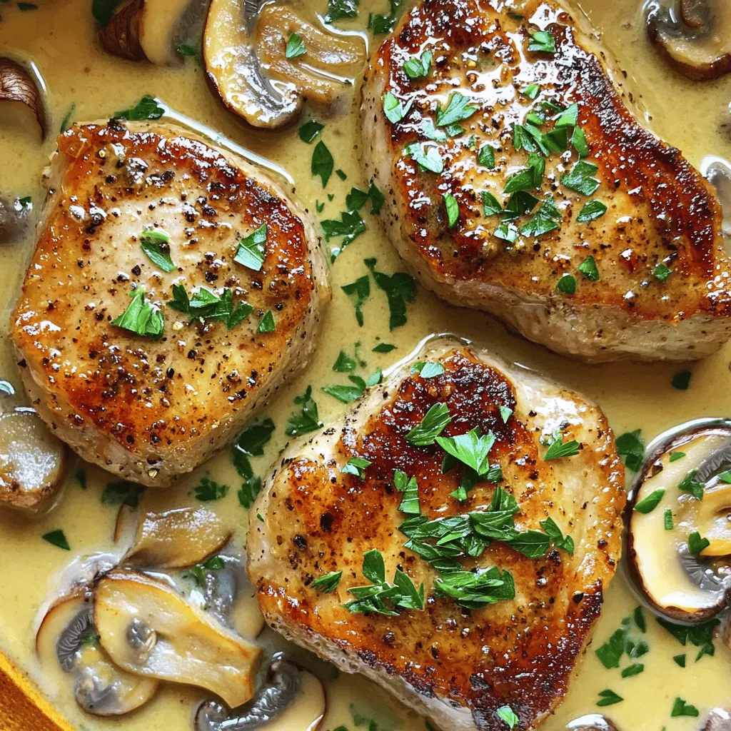 To make garlic pork chops in creamy mushroom sauce, gather these key ingredients: