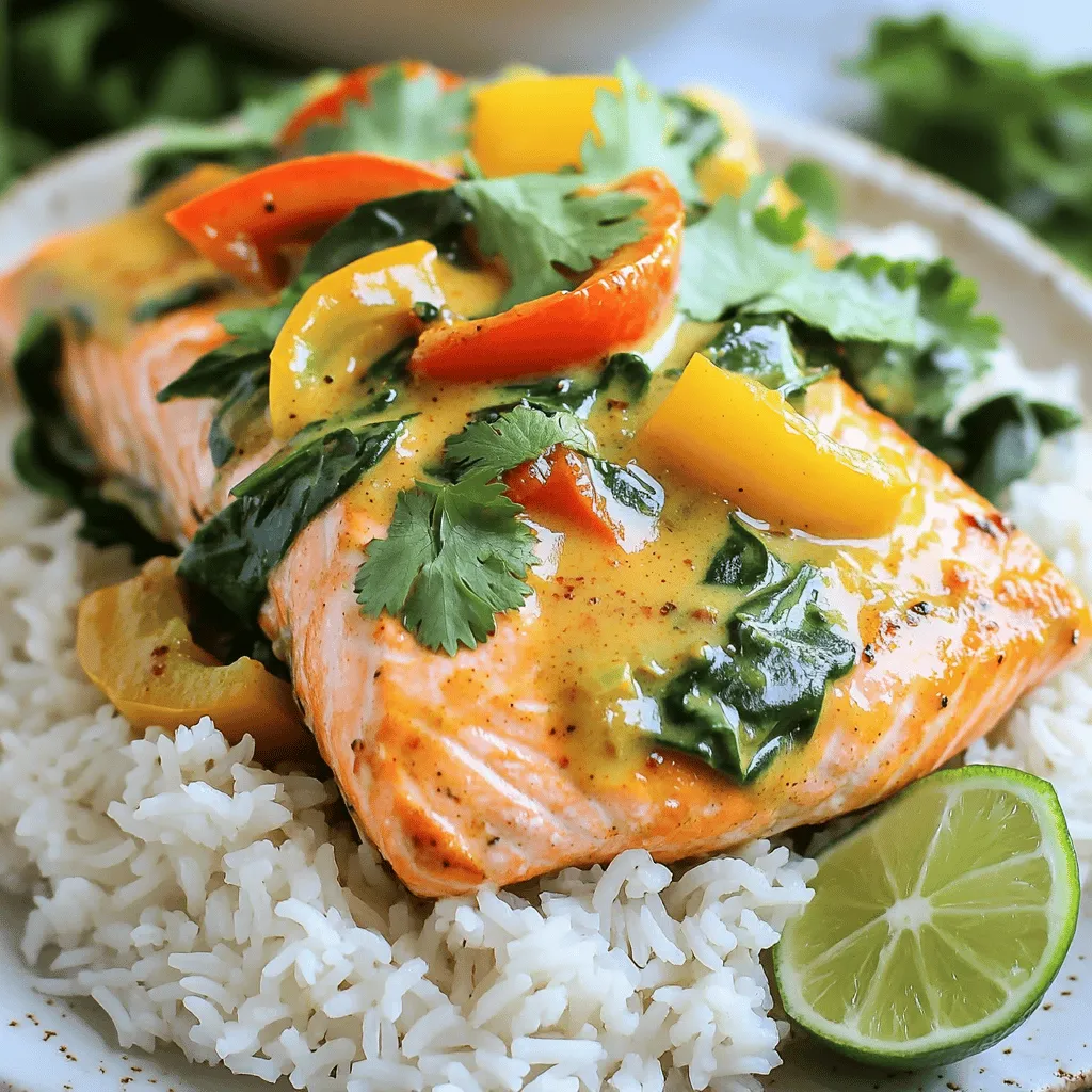 To make coconut curry salmon, you need simple ingredients. Gather these items first. You will need four salmon fillets, coconut oil, a can of coconut milk, red curry paste, fish sauce, and brown sugar. Don’t forget garlic, ginger, bell pepper, fresh spinach, salt, and pepper. Finally, have cilantro and jasmine rice ready for serving.