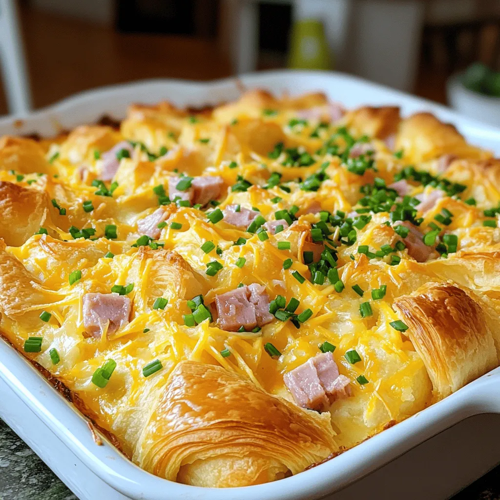 - 6 large buttery croissants, torn into pieces - 1 ½ cups cooked ham, diced - 1 ½ cups shredded cheddar cheese