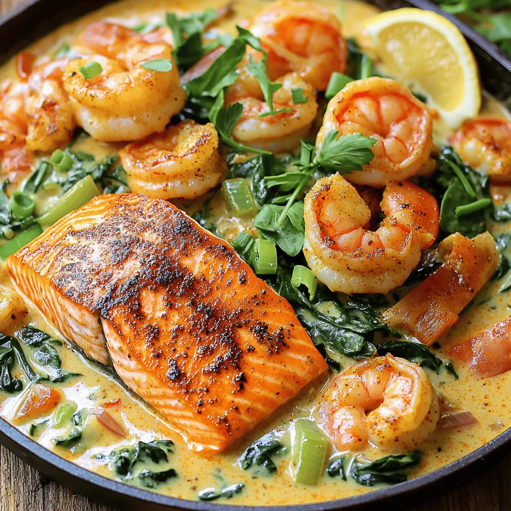 The right ingredients make this dish special. For this Cajun shrimp recipe, you need salmon, shrimp, and spices.
