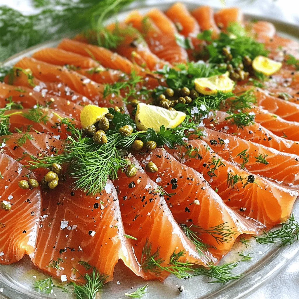 To make smoked salmon carpaccio, you need fresh, quality ingredients. The main star is 8 oz of thinly sliced smoked salmon. This salmon gives the dish its rich flavor and silky texture. You also need ½ cup of capers, drained. Capers add a salty punch that contrasts well with the salmon.