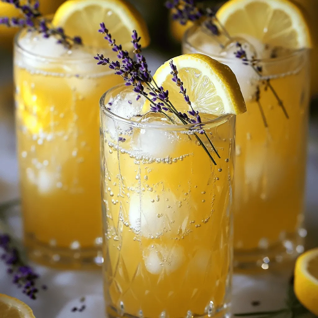 To make Sparkling Lavender Lemonade, you need just a few key ingredients. First, fresh lemon juice is essential. You will need about one cup, which comes from four to six lemons. This juice gives the drink its bright and tangy flavor.