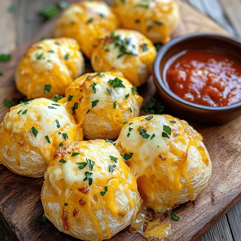 To make delicious cheesy garlic bombs, you need a few simple ingredients. Start with 1 can of refrigerated pizza dough. This dough gives you a nice base that puffs up well. For the cheesy filling, use 1 cup of shredded mozzarella cheese and ½ cup of shredded cheddar cheese. These cheeses melt beautifully and add great flavor.