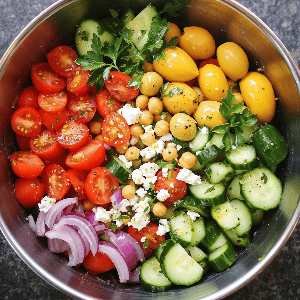 - 1 can (15 oz) chickpeas, rinsed and drained - 2 medium tomatoes, diced - 1 cucumber, diced - ½ red onion, thinly sliced - 1 bell pepper (red or yellow), diced - ½ cup kalamata olives, pitted and halved - ½ cup feta cheese, crumbled - 1 teaspoon dried oregano - 3 tablespoons extra-virgin olive oil - 2 tablespoons lemon juice - Salt and pepper to taste - Fresh parsley or mint leaves (for garnish)