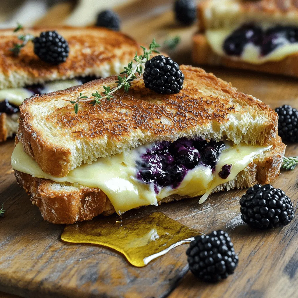 - 2 slices of thick sourdough bread - 1 tablespoon unsalted butter, softened - 100g Brie cheese, sliced - ⅓ cup fresh blackberries - 1 tablespoon honey - Optional: fresh thyme leaves and a pinch of salt