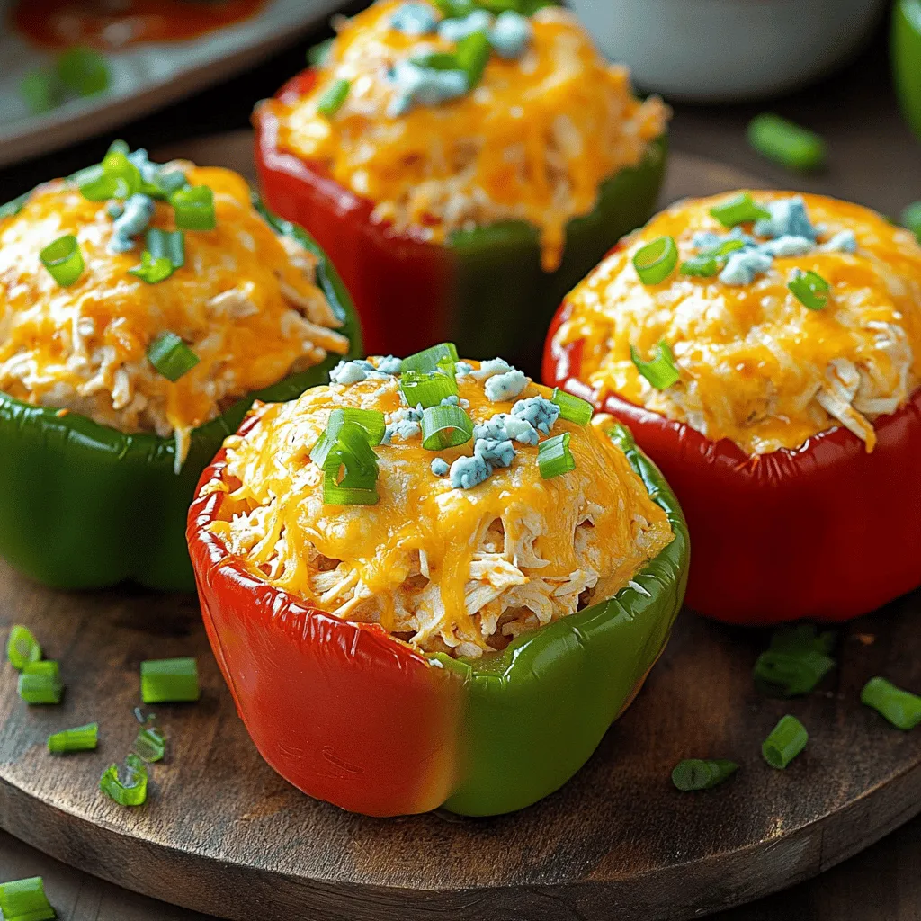 - 4 large bell peppers (any color) - 2 cups cooked shredded chicken - ½ cup buffalo sauce (adjust to taste) - ½ cup cream cheese, softened - 1 cup shredded cheddar cheese (plus extra for topping) - ½ cup celery, finely chopped - ¼ cup green onions, chopped - Salt and pepper to taste - 1 tablespoon olive oil