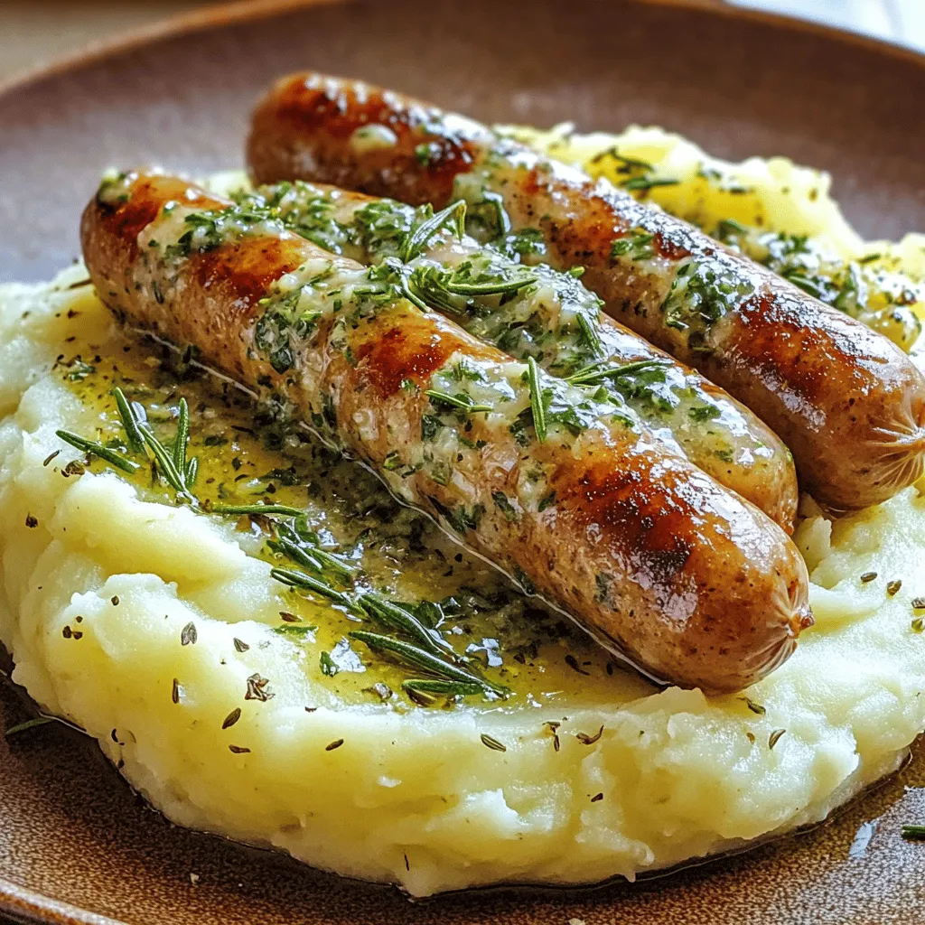 To make Sassy Bangers and Mash, gather the following ingredients: - 4 pork sausages (or your choice of vegetarian/vegan alternatives) - 4 large Yukon Gold potatoes, peeled and chopped - 2 tablespoons unsalted butter - ⅓ cup milk (or plant-based milk) - Salt and pepper to taste - 2 tablespoons olive oil - 4 cloves garlic, minced - 1 tablespoon fresh rosemary, chopped - 1 tablespoon fresh thyme, chopped - ¼ cup vegetable broth