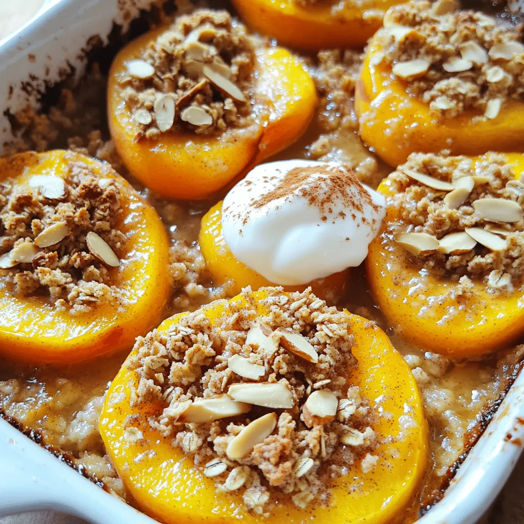 Baked peaches with crisp are a warm, sweet treat. They feature juicy peaches topped with a crunchy mixture. This dessert is a favorite, especially in summer.