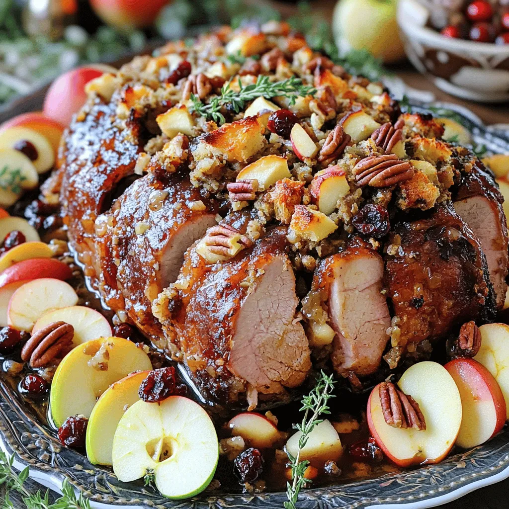 - 1 (6-8 bone) pork crown roast - 2 cups day-old bread, cubed - 1 cup apple, diced