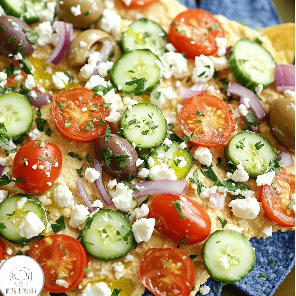 Mediterranean hummus nachos mix fun and fresh flavors. These nachos use blue corn tortilla chips as a base. The chips hold up well against the creamy hummus dip. Hummus is made from chickpeas, which are healthy and tasty.