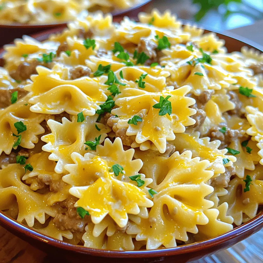 - 12 oz bowtie pasta - 1 lb ground beef - 2 cups Velveeta cheese, cubed