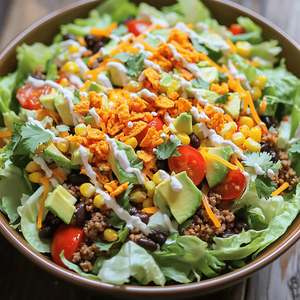 To make this tasty salad, gather these items: - 1 bag of Nacho Cheese Doritos (9 oz) - 1 lb ground beef or turkey - 1 packet taco seasoning - 1 cup diced tomatoes (fresh or canned) - 1 cup black beans, rinsed and drained - 1 cup corn kernels (canned or frozen) - 1 cup shredded lettuce - 1 cup shredded cheese (cheddar or Mexican blend) - ½ cup sour cream - ½ cup salsa - 1 avocado, diced (optional) - Fresh cilantro, for garnish