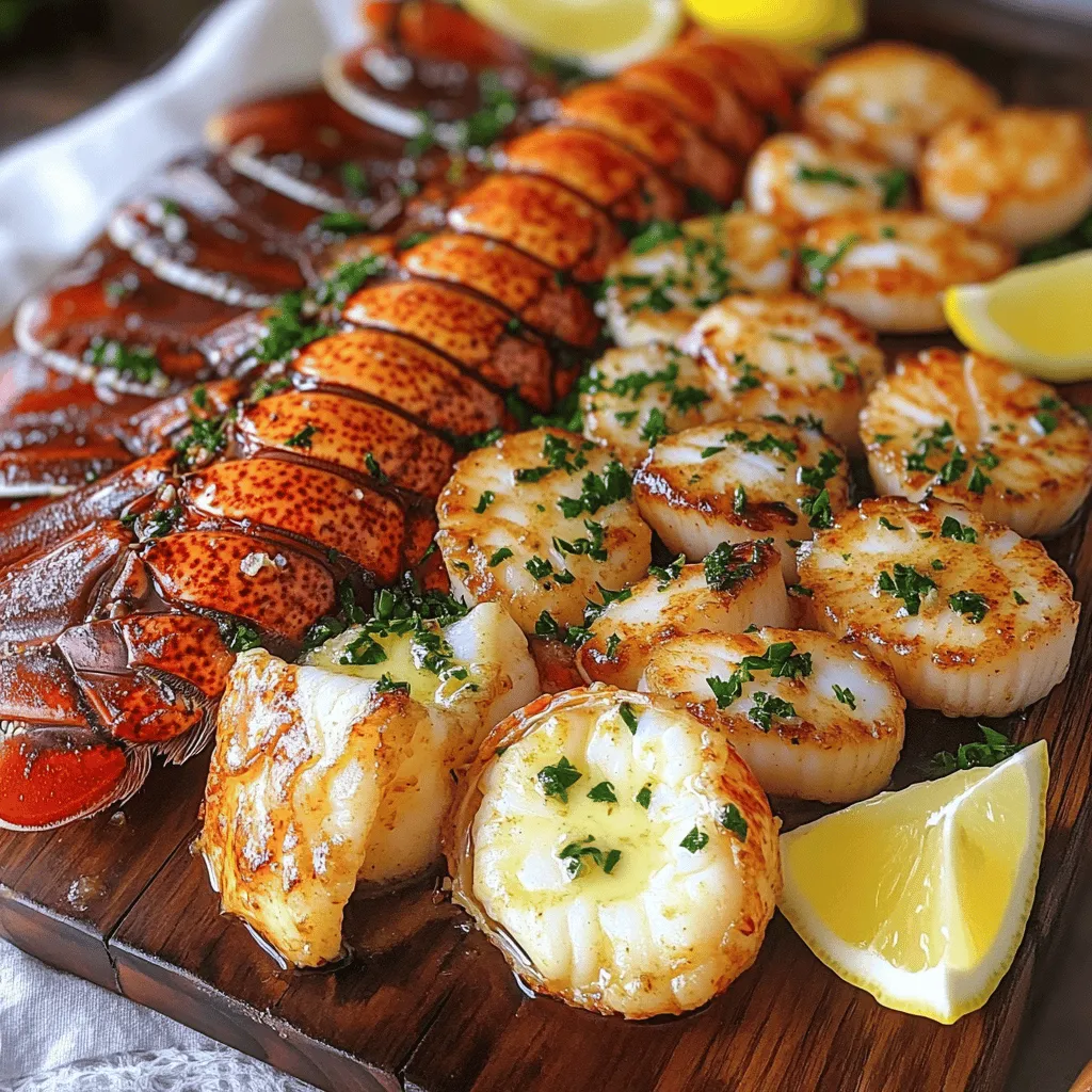 For a garlic butter lobster tail and scallops feast, you need fresh ingredients. Start with two lobster tails and eight large sea scallops. You will also need four tablespoons of unsalted butter and four cloves of minced garlic. Fresh parsley adds flavor, so grab two tablespoons. A tablespoon of lemon juice brightens the dish, while paprika adds a hint of spice. Finally, season with salt and pepper to taste. Lemon wedges serve as a lovely garnish.