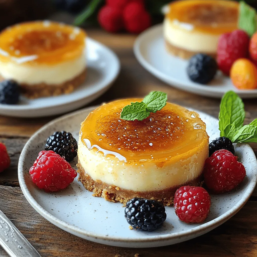To make mini crème brûlée cheesecakes, you need simple yet delicious ingredients. Start with 1 cup of graham cracker crumbs for the crust. Add 3 tablespoons of sugar and ¼ cup of melted unsalted butter to bind it all together. For the cheesecake filling, you