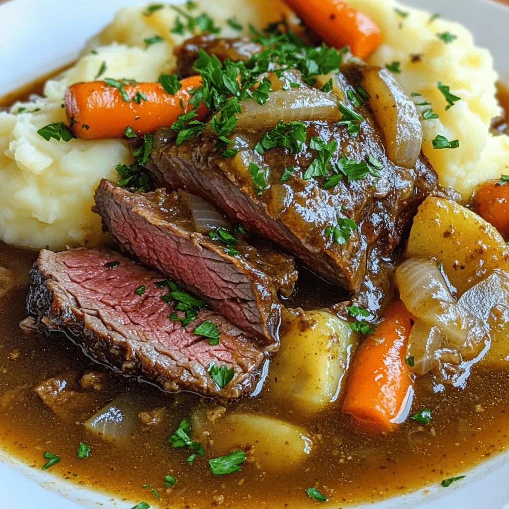 To make a great pot roast, you need a few key ingredients. Start with a 3-4 lbs beef chuck roast. This cut is perfect for slow cooking and becomes tender. You will also need 4 cups of beef broth to keep the meat juicy. For flavor, add 4 large carrots, 2 large onions, and 4 cloves of minced garlic. Don’t forget 2 tablespoons of olive oil for searing and 2 tablespoons of Worcestershire sauce for that rich umami taste. Season with salt, pepper, 1 tablespoon of fresh thyme leaves, and 2-3 bay leaves.