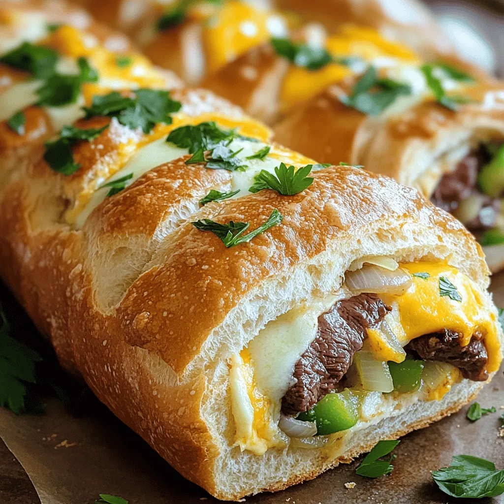 - 1 pound flank steak - 2 tablespoons olive oil - 1 medium onion, finely chopped - 1 green bell pepper, diced - 2 cloves garlic, minced - 1 teaspoon smoked paprika - Salt and pepper to taste - 1 cup shredded provolone cheese - 1 cup shredded mozzarella cheese - 1 large loaf of crusty bread (like ciabatta or baguette) - 2 tablespoons fresh parsley, chopped - 1 egg, beaten (for egg wash)