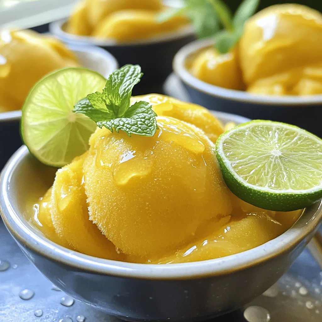 To make a smooth mango sorbet, you need these key items: - 3 ripe mangoes, peeled and diced - ½ cup granulated sugar - ½ cup water - 2 tablespoons fresh lime juice - Pinch of salt