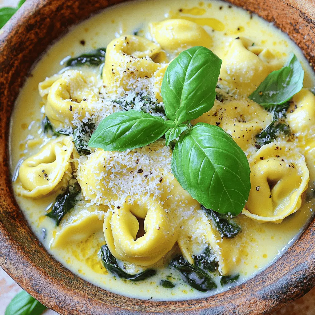 - 12 oz cheese tortellini (fresh or frozen) - 2 tablespoons olive oil - 3 cloves garlic, minced - 1 cup heavy cream - 1 cup grated Parmesan cheese - 1 cup baby spinach - 1 teaspoon Italian seasoning - Salt and pepper to taste - Fresh basil leaves for garnish