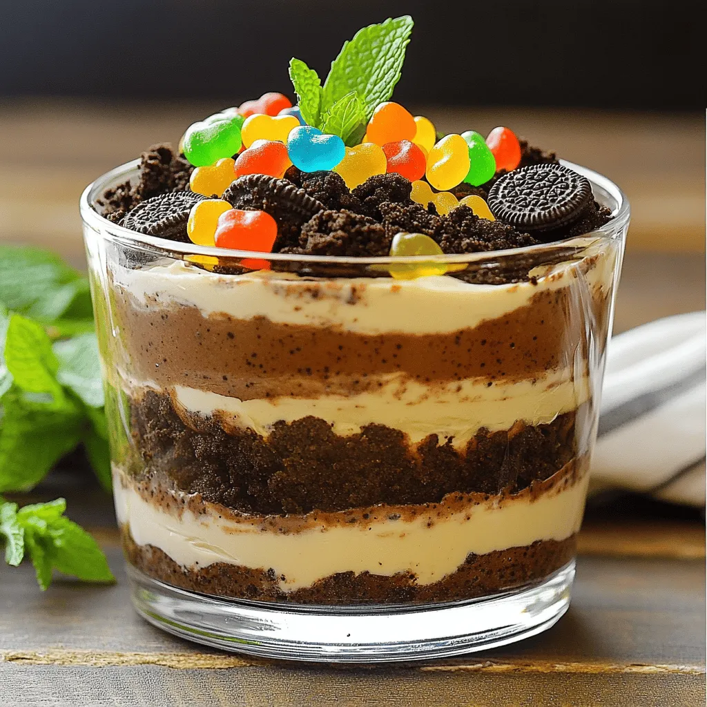 - 1 package (15.25 oz) Oreo cookies - ½ cup unsalted butter, softened - 8 oz cream cheese, softened - 1 cup powdered sugar - 1 teaspoon vanilla extract - 2 cups cold milk - 1 package (3.9 oz) instant chocolate pudding mix - 2 cups whipped topping (like Cool Whip) - 1 cup gummy worms (for decoration) - Fresh mint leaves (optional, for garnish)