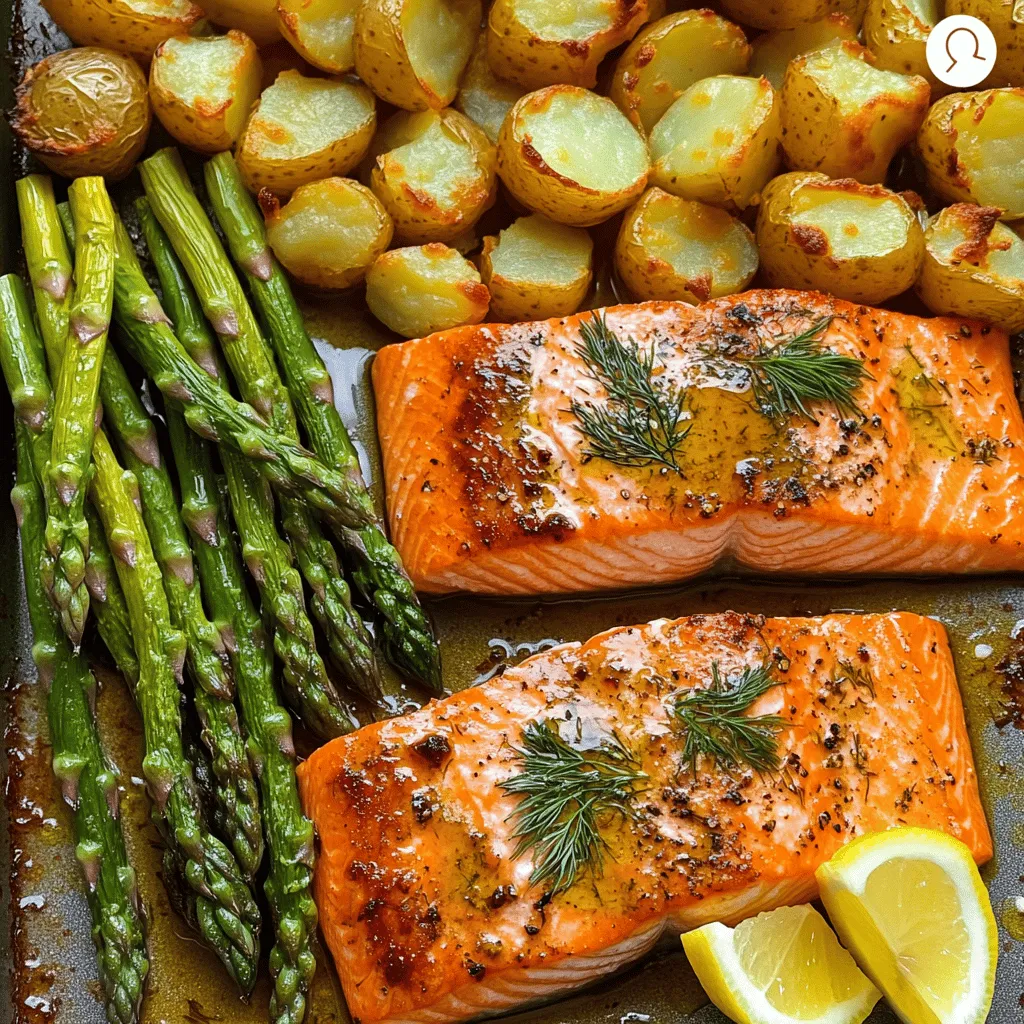 The key ingredients in this dish create a flavorful and healthy meal. You need fresh salmon, asparagus, and baby potatoes. Each of these items brings unique taste and nutrition.