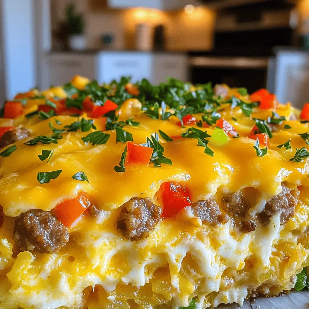 To make your Sausage Egg Casserole, gather these items: - 1 pound breakfast sausage - 6 large eggs - 2 cups milk - 1 cup shredded cheddar cheese - 1 cup frozen hash browns - 1 green bell pepper, diced - 1 small onion, diced - 1 teaspoon garlic powder - Salt and pepper to taste - Fresh parsley for garnish