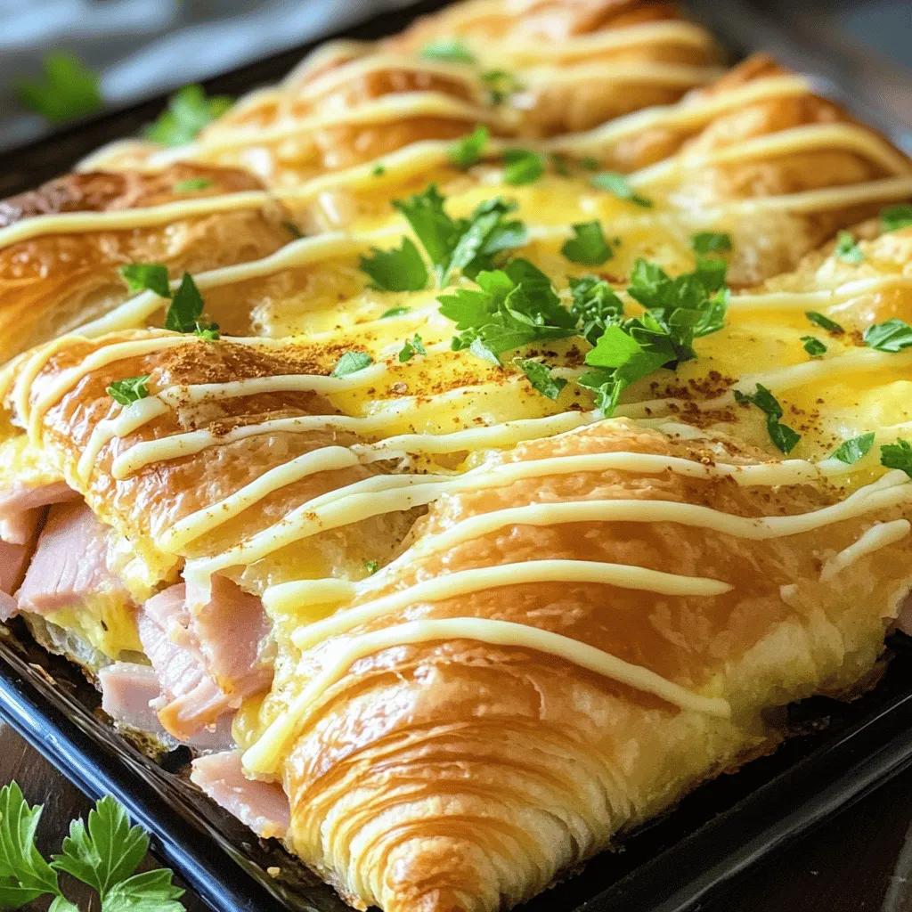 - 6 large buttery croissants, halved - 8 oz sliced ham - 8 oz shredded Swiss cheese - 4 large eggs - 1 cup milk