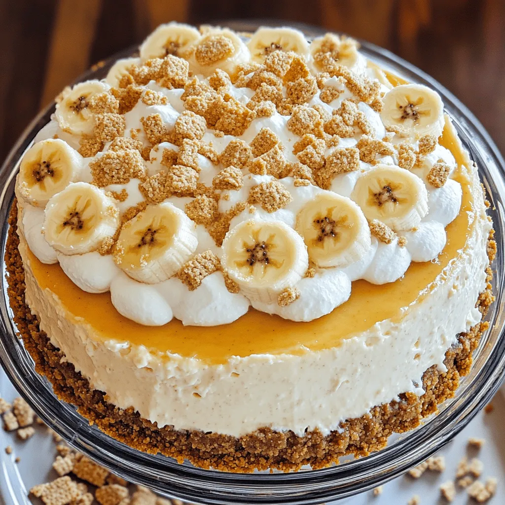 - 1 ½ cups graham cracker crumbs - ¼ cup unsalted butter, melted - 1 cup sugar, divided - 16 oz cream cheese, softened - 1 teaspoon vanilla extract - 1 cup sour cream - 3 large eggs - 2 ripe bananas, mashed - 1 cup whipped cream - 1 cup vanilla pudding mix - 1 ¾ cups milk - 1 cup crushed Nilla wafers (for crunch topping) - 1 small banana, sliced (for garnish) - Whipped cream (for serving)