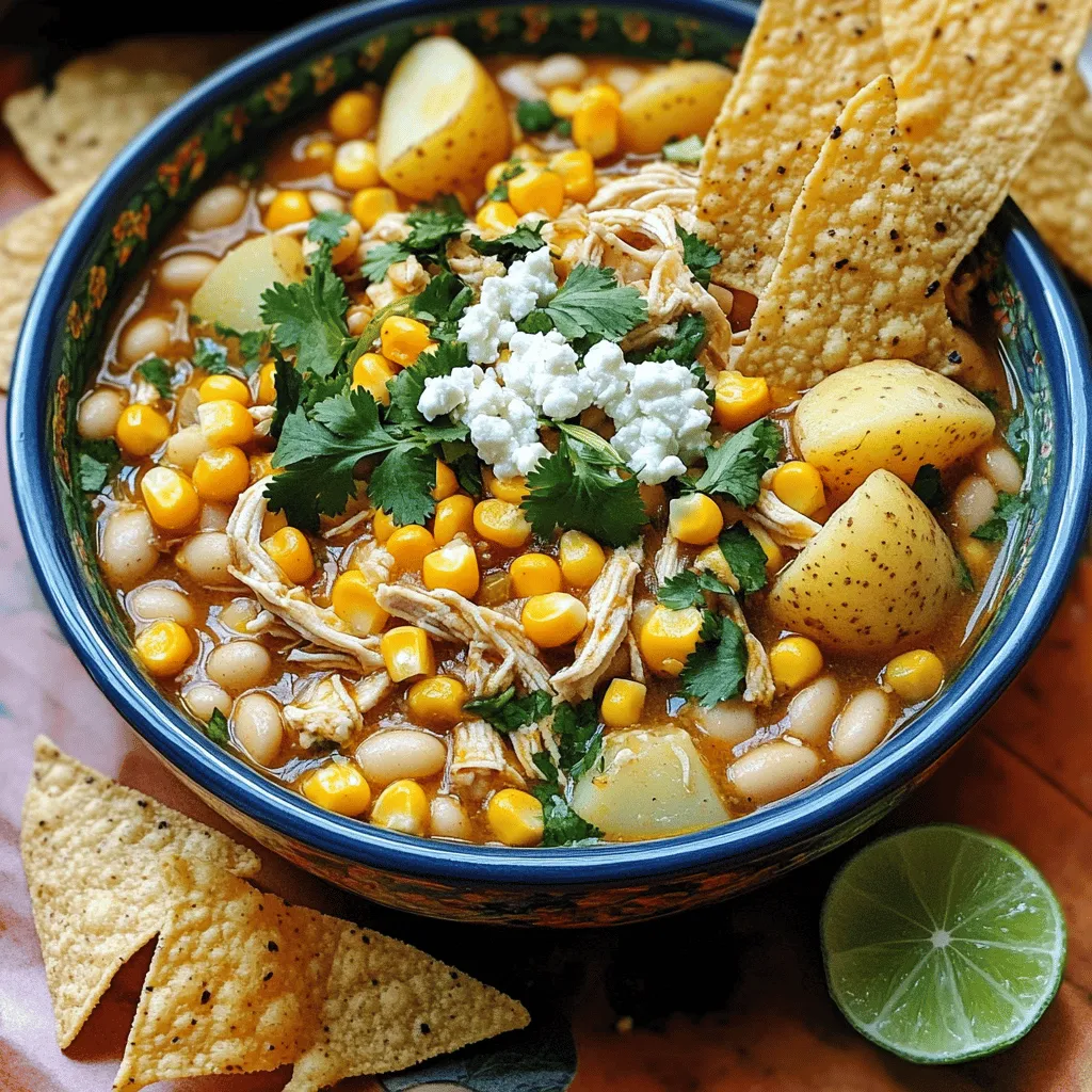The key ingredients for Mexican Street Corn White Chicken Chili bring vibrant flavors together. You need 2 cups of cooked, shredded chicken. This adds protein and heartiness. Next, 1 cup of frozen sweet corn gives a sweet crunch. White beans, drained and rinsed, add creaminess and fiber. Diced potatoes, about 1 cup, help thicken the chili. Use Yukon Gold or Russet for the best texture.