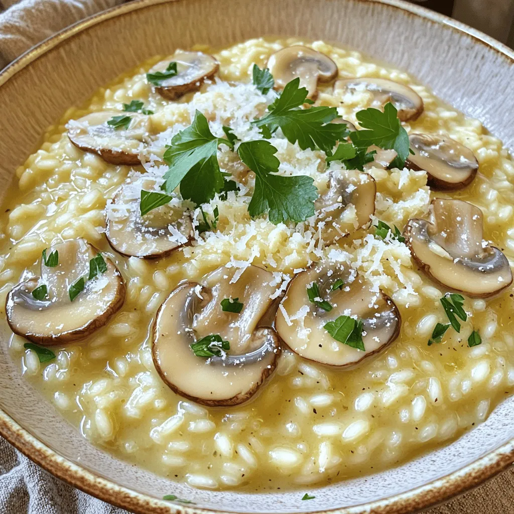 - 1 ½ cups Arborio rice - 4 cups vegetable broth - 1 cup mushrooms (cremini or button), sliced - 1 medium onion, diced - 4 cloves garlic, minced - 1 cup grated Parmesan cheese - ½ cup heavy cream - 2 tablespoons olive oil - 1 teaspoon dried thyme - 1 teaspoon salt - ½ teaspoon black pepper - Fresh parsley, chopped (for garnish)