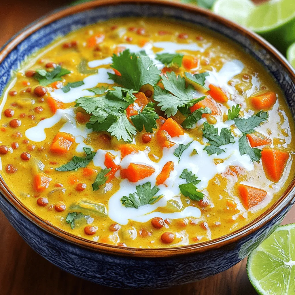 To make creamy coconut curry lentil soup, you need simple yet rich ingredients. First, you need one cup of red lentils. These lentils cook quickly and give a nice texture. You also need one can of coconut milk, which adds creaminess and sweetness.