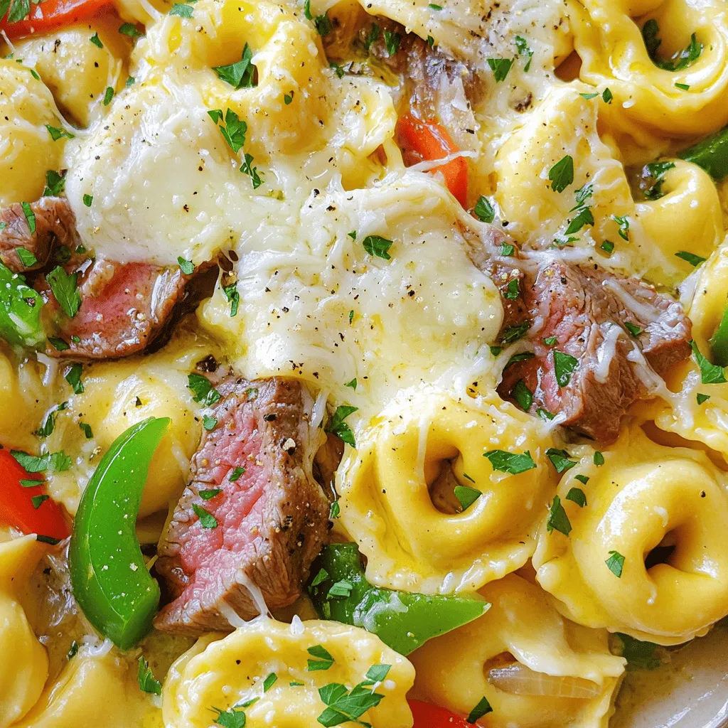 - 12 oz cheese tortellini - 1 lb sirloin steak, thinly sliced - 1 green bell pepper, sliced - 1 red bell pepper, sliced - 1 medium onion, thinly sliced - 2 cloves garlic, minced - 1 tablespoon olive oil - 1 teaspoon Italian seasoning - 1 cup provolone cheese, shredded - ¼ cup Parmesan cheese, grated - Fresh parsley, chopped (for garnish)