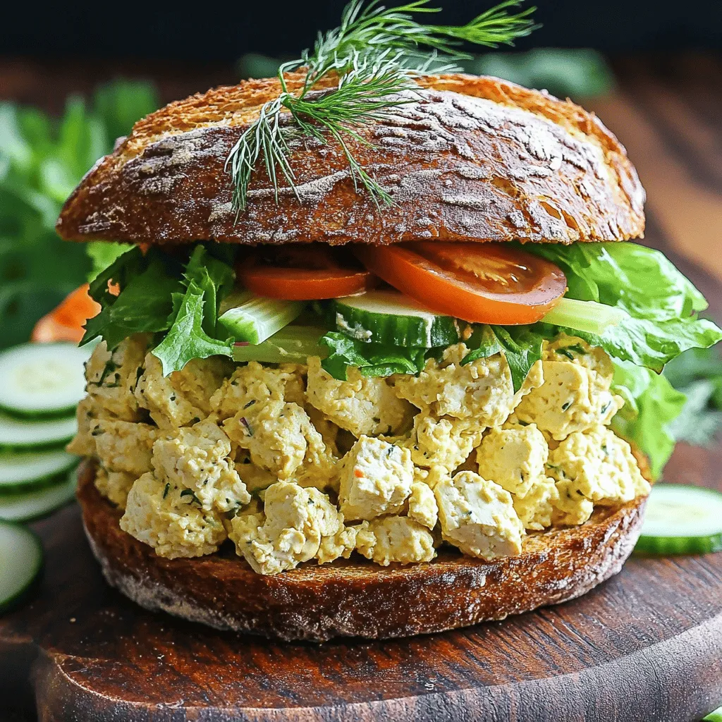 To create a tasty tofu salad sandwich, gather these main ingredients: - 1 block firm tofu, pressed and crumbled - ¼ cup vegan mayonnaise - 1 tablespoon Dijon mustard - 1 celery stalk, finely chopped - 1 small carrot, grated - ¼ red onion, finely chopped - 2 tablespoons chopped fresh dill (or 1 teaspoon dried dill) - 1 tablespoon lemon juice - Salt and pepper to taste - 4 slices whole grain bread - Lettuce leaves (for garnish)