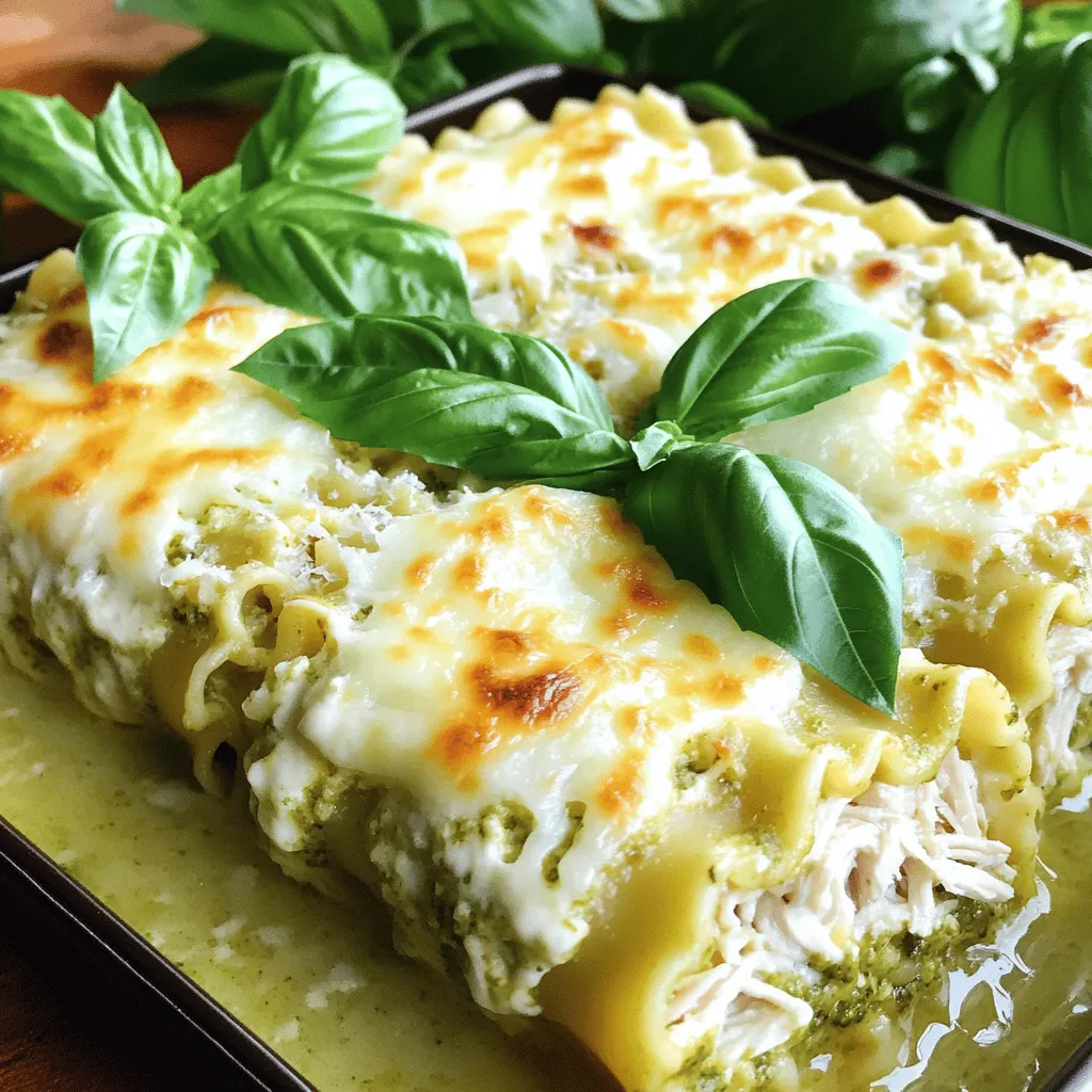 - 9 lasagna noodles - 2 cups cooked chicken, shredded - 1 cup ricotta cheese - 1 cup mozzarella cheese, shredded - ½ cup grated Parmesan cheese - 1 cup basil pesto - 1 cup heavy cream - 1 teaspoon garlic powder - 1 teaspoon Italian seasoning - Salt and pepper to taste - Fresh basil leaves for garnish