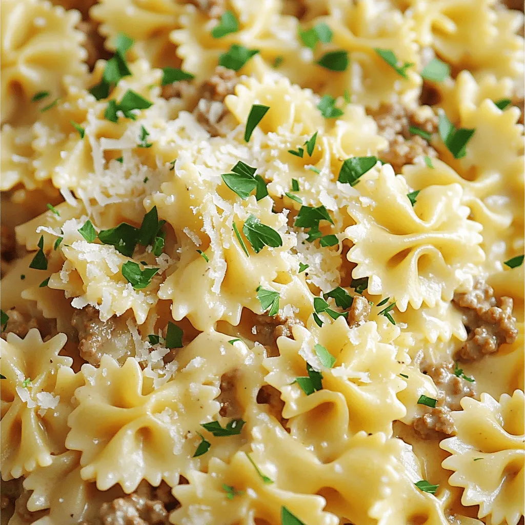 For creamy garlic Parmesan bowtie pasta with beef, gather these ingredients: - 12 oz bowtie pasta - 1 lb ground beef - 4 cloves garlic, minced - 1 cup heavy cream - 1 cup grated Parmesan cheese - 1 tablespoon olive oil - 1 teaspoon Italian seasoning - Salt and pepper to taste - Fresh parsley, chopped (for garnish)