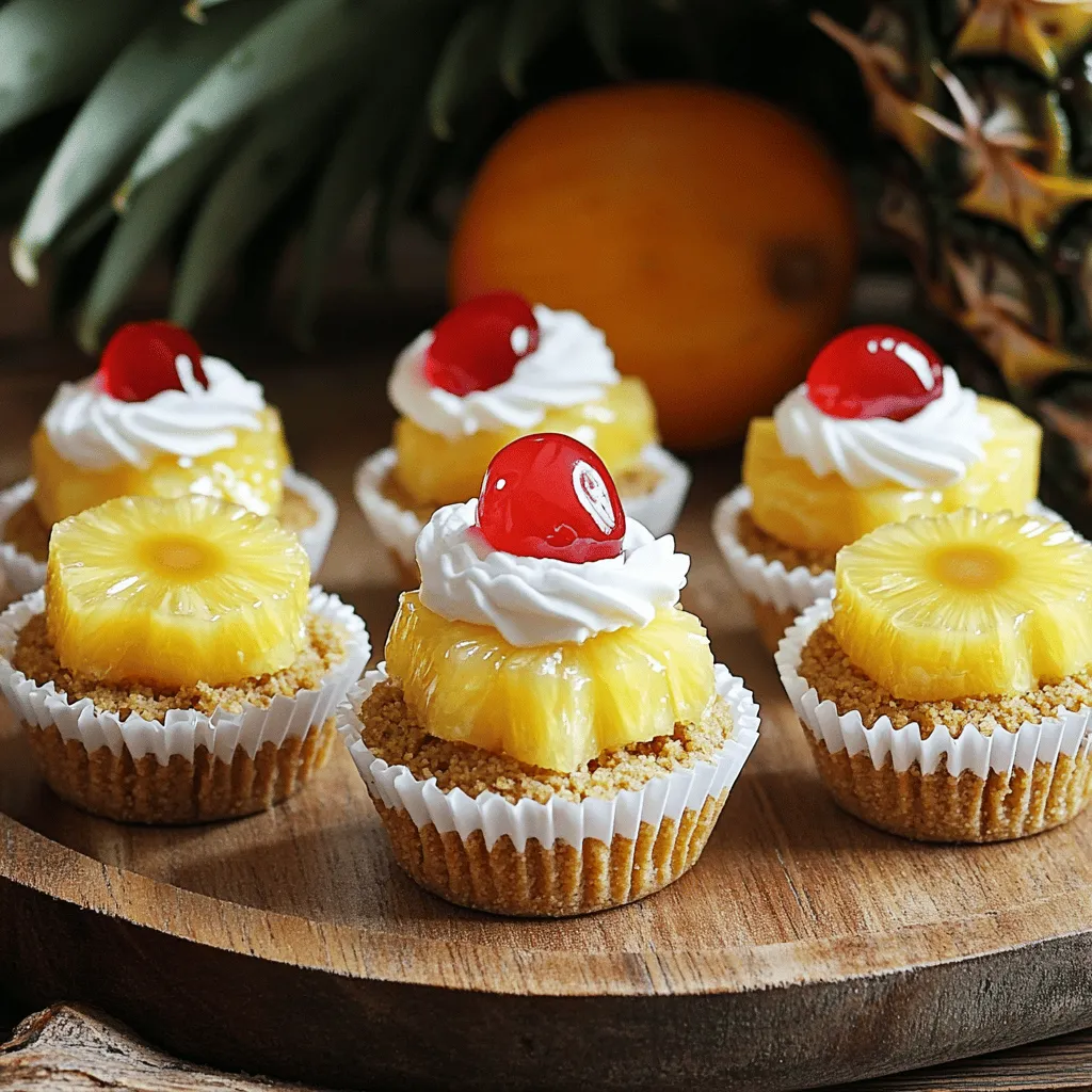 - 1 cup crushed graham crackers - ¼ cup unsalted butter, melted - ¼ cup sugar - 1 (8 oz) package cream cheese, softened - ½ cup powdered sugar - 1 teaspoon vanilla extract - ½ cup sour cream - 1 cup fresh pineapple, diced - Maraschino cherries for garnish - Whipped cream, for topping