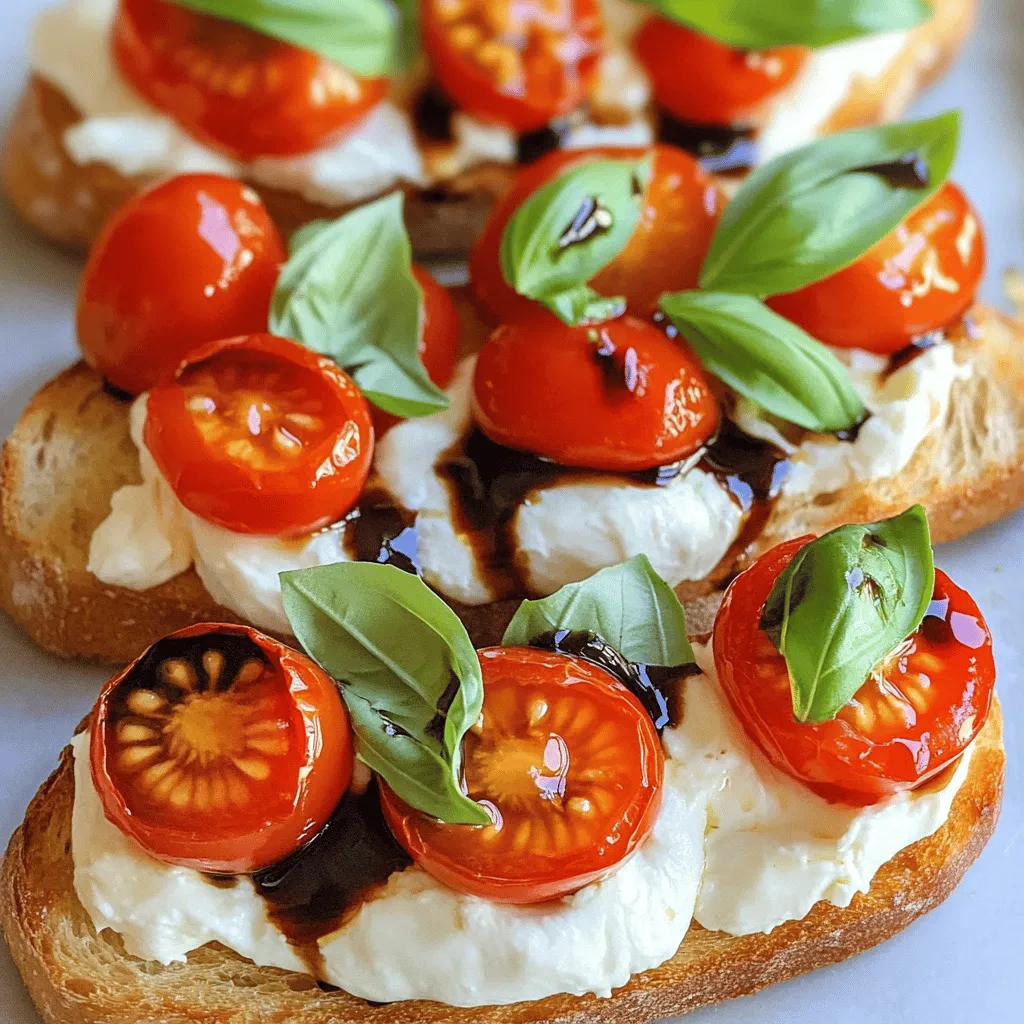 To make creamy burrata bruschetta, gather these simple ingredients: - 1 French baguette, sliced into ½-inch rounds - 1 cup cherry tomatoes, halved - 8 oz fresh burrata cheese - 2 tablespoons balsamic glaze - ¼ cup fresh basil leaves, torn - 2 tablespoons extra virgin olive oil - 1 garlic clove, peeled and halved - Salt and pepper to taste
