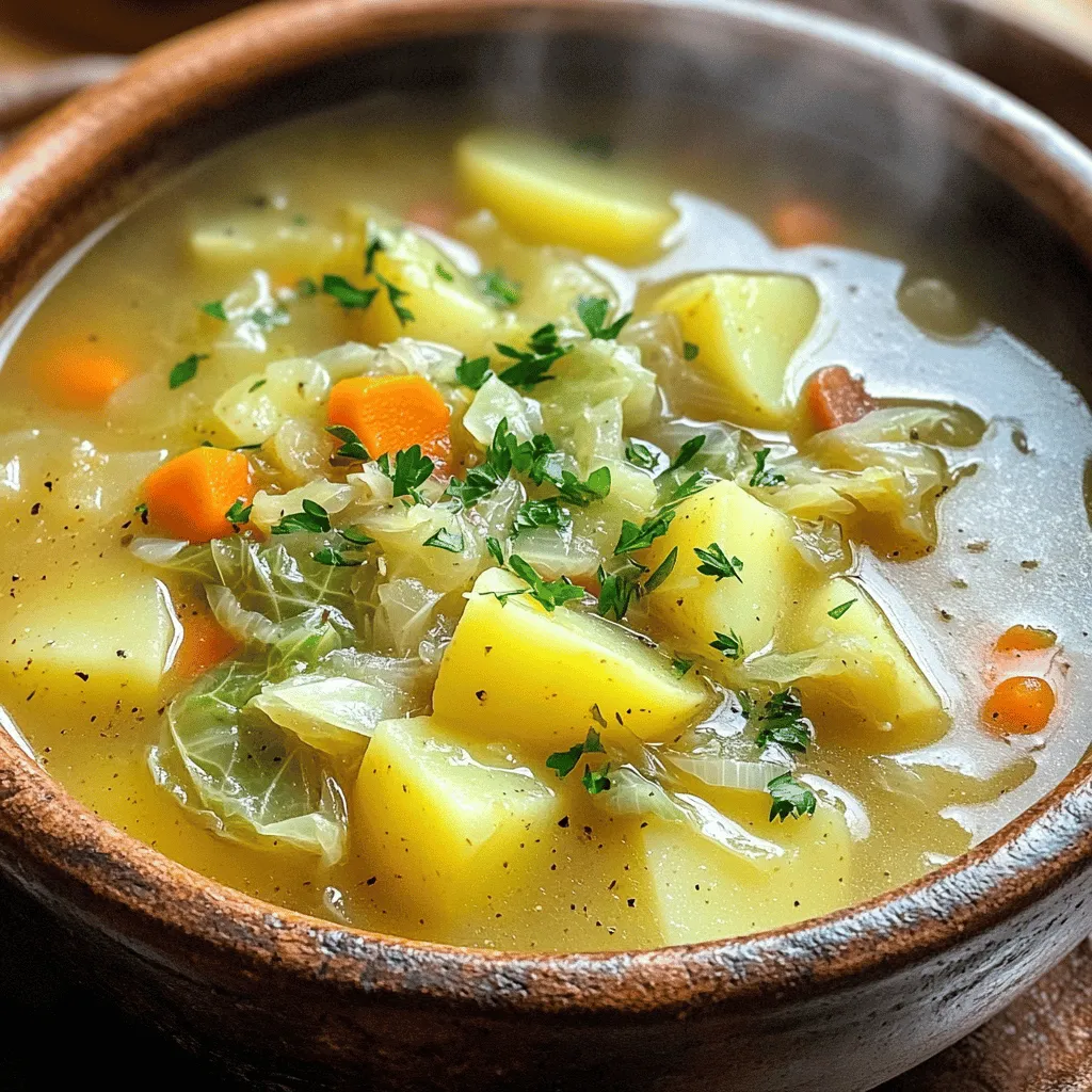 The key ingredients for Irish bacon, cabbage, and potato soup create a rich flavor. First, you need 6 strips of Irish bacon. This bacon adds a smoky taste and a crispy texture. Next, we have 1 medium onion, which gives the soup depth. Two cloves of minced garlic add a nice aroma.