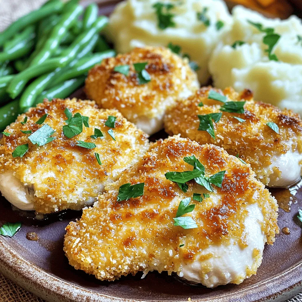 To make Copycat Longhorn Parmesan Crusted Chicken, you need a few key ingredients. First, you start with two boneless, skinless chicken breasts. The chicken is the star of the dish. Next, marinating the chicken in one cup of buttermilk helps keep it moist. For the crust, you will need one cup of all-purpose flour mixed with garlic powder, onion powder, paprika, salt, and black pepper. This blend adds great flavor. You will also need one cup of grated Parmesan cheese and half a cup of breadcrumbs, preferably Panko. These ingredients create the crispy, cheesy crust. Lastly, a little chopped fresh parsley adds color and freshness when you serve it.